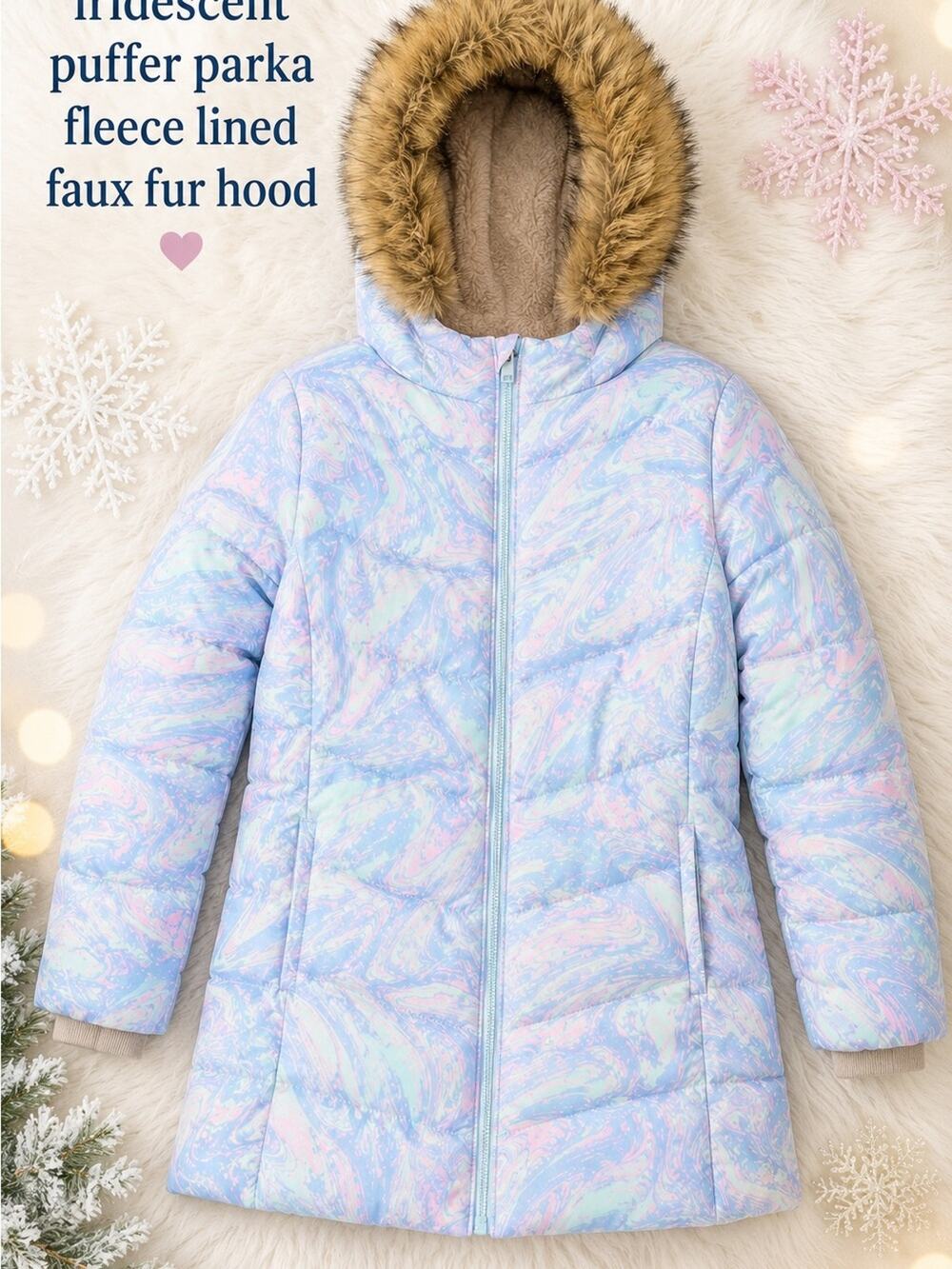 Lands’ End Kids Iridescent Puffer Parka Faux Fur Hood Fleece Lined Size XL 14-16